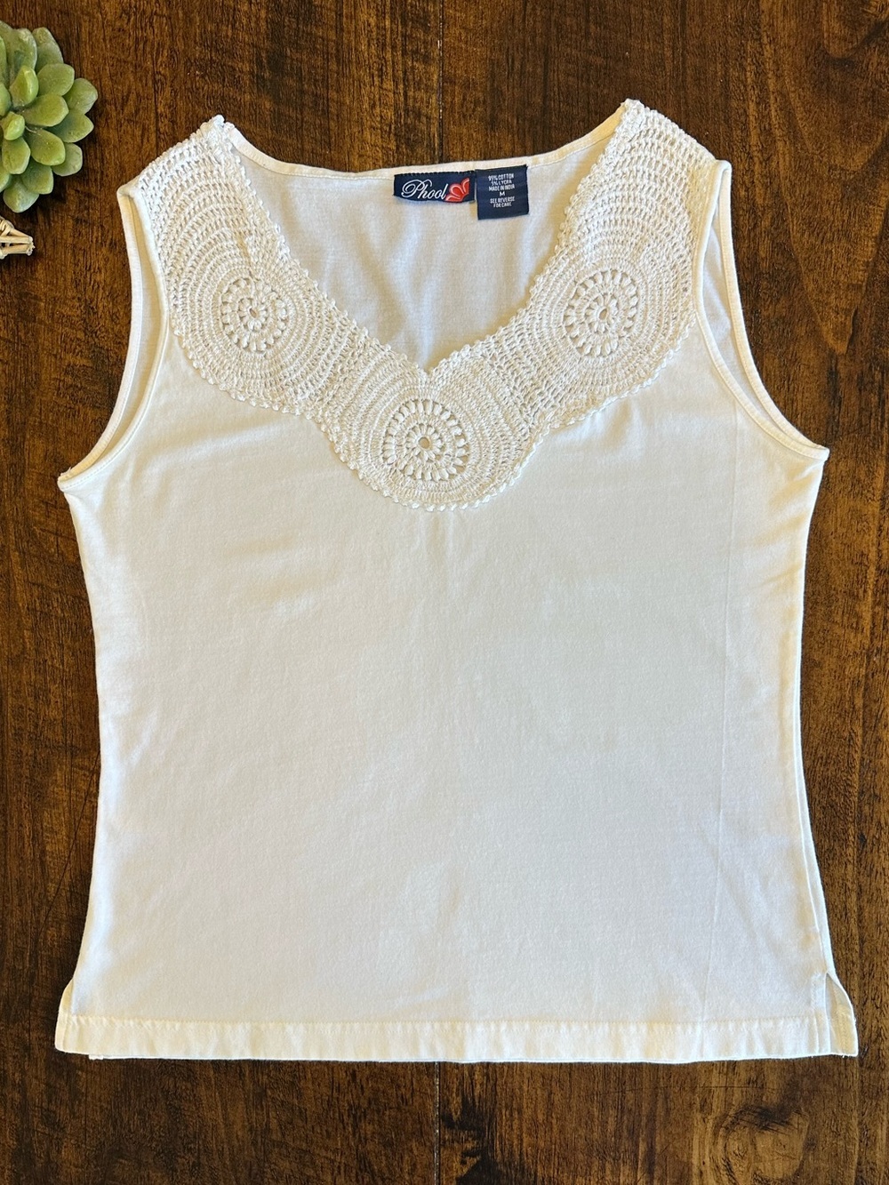 Phool | VTG White Cotton Blend Tank Top Crochet Lace Neckline, Size M